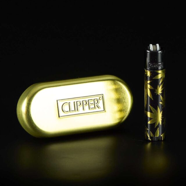 Mechero Clipper de metal Hojas Doradas