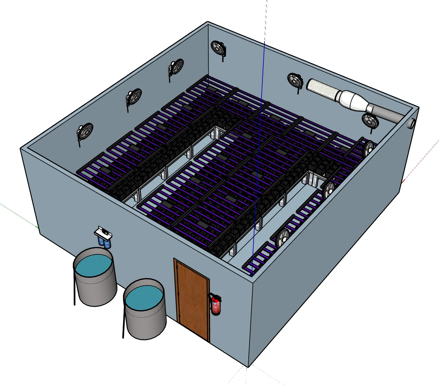 Diseño 3D de una sala de cultivo a medida con luminarias LED, ventiladores de pared y riego centralizado