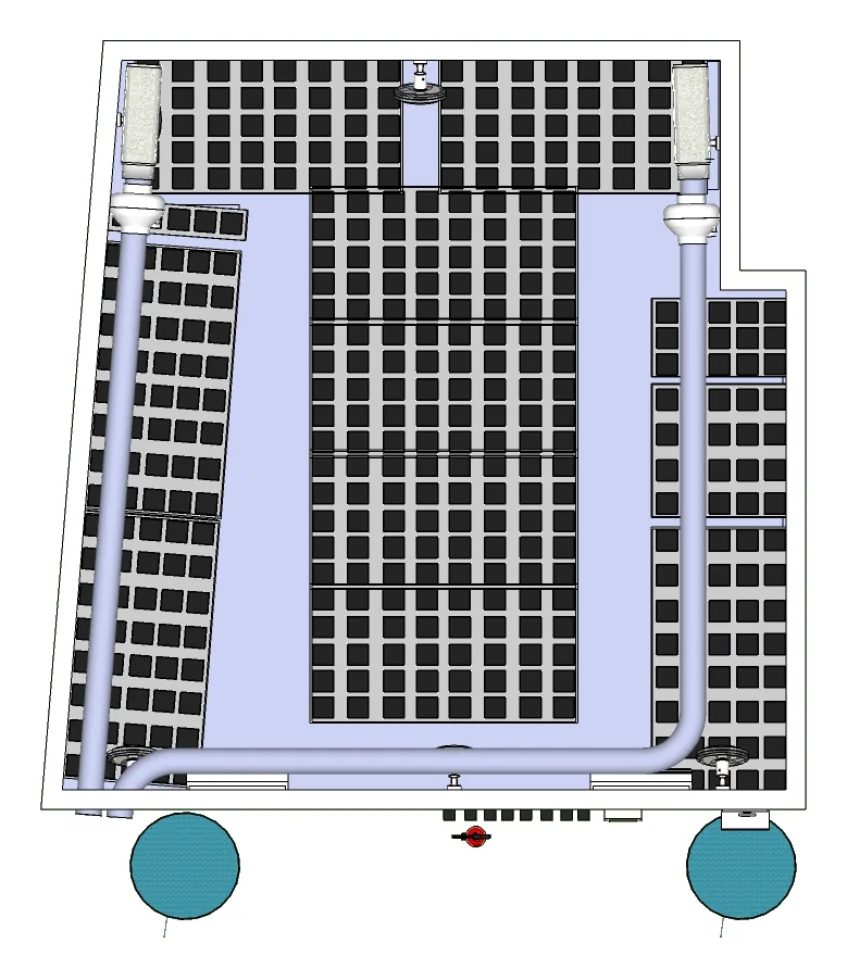 Planta de una sala de cultivo a medida con mesas de cultivo, depósitos de riego y recorrido de conductos